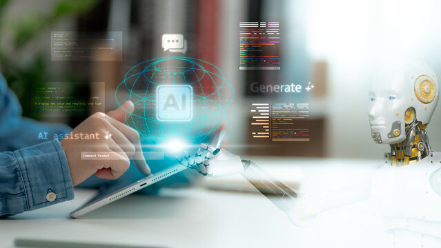 Software developer collaborating with humanoid robot assistant on digital tablet with code generation icons, generative artificial intelligence technology concept.