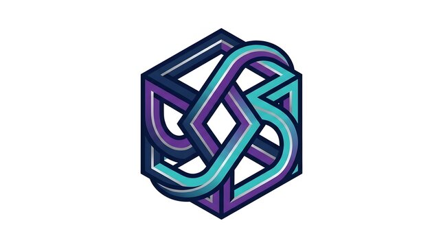 Modern abstract geometric isometric hexagon logo featuring interlocking purple and teal paths on a white background