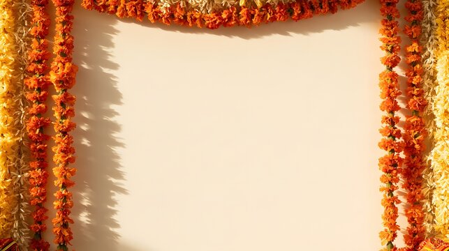 Traditional indian marigold flower garlanding arch with empty space for festival celebration background