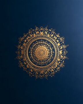 Detailed gold mandala on a deep blue background with ornate floral design
