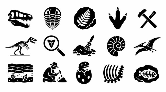 Paleontology fossils and prehistoric archeological excavation icon set