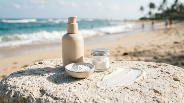 Mineral sunscreen with zinc oxide and titanium dioxide beside beach protection skincare products