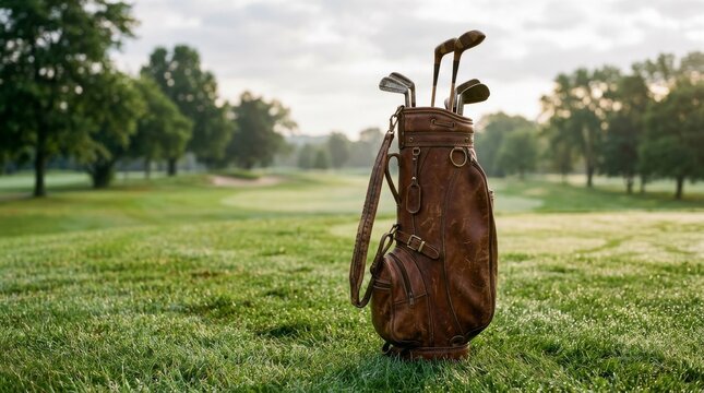 Vintage leather golf bag stands in the middle of a green golf course.