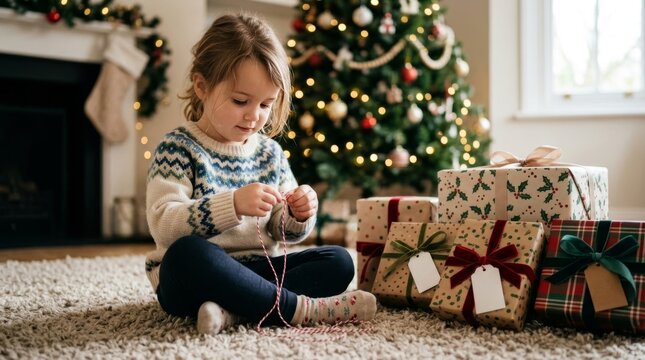 A young girl sits on the floor and ties string around Christmas gifts.
