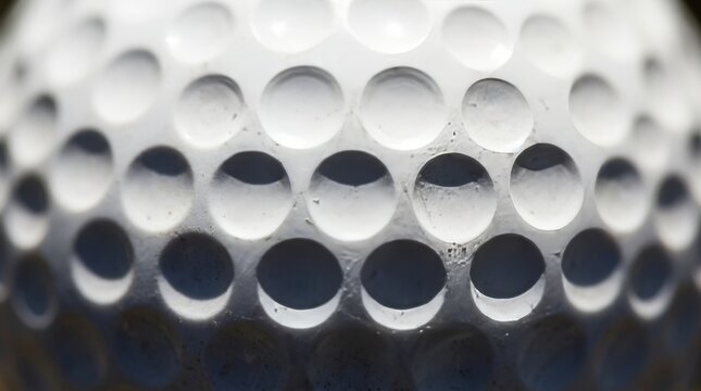 A close up view of a white golf ball showing the dimple texture.