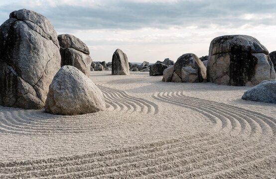 幾重もの砂紋のうねりと屹立する巨石群が圧巻の枯山水庭園