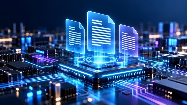 Glowing digital document files projecting from advanced microchip processor symbolizing automated data processing and information management