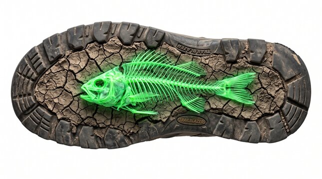 Neon green fish skeleton stuck to the sole of a muddy boot