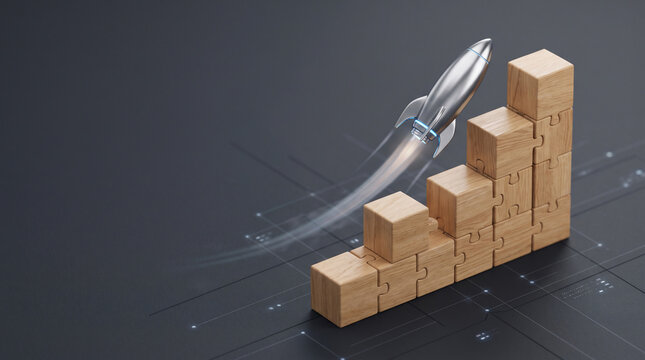 Silver rocket flying over wooden puzzle block bar chart on dark background, perfect for startup launch, business growth and success marketing