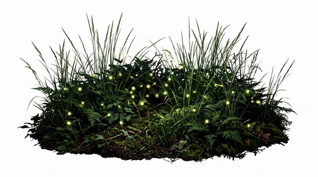Glowing fireflies hovering over a patch of forest grass