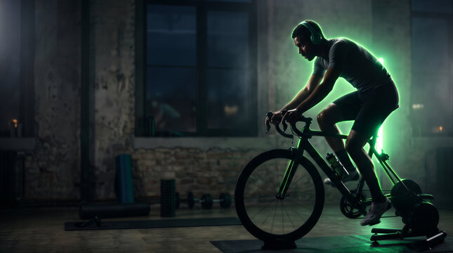 Man cycling indoors with headphones in a gym at night