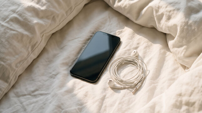 Remote work smartphone and wired earphones on white bed sheets