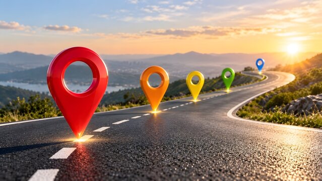 Winding asphalt road with colorful location pins and glowing route line representing travel journey and strategic business planning