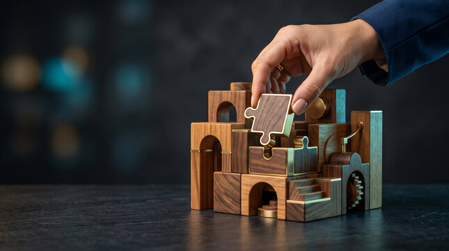 Hand placing a wooden puzzle piece with gold trim into a complex structure, concept for business strategy, problem solving and project management