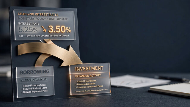 Modern 3D plaque showing interest rate drop with gold arrow on a desk, concept for banking reports, financial education and market news