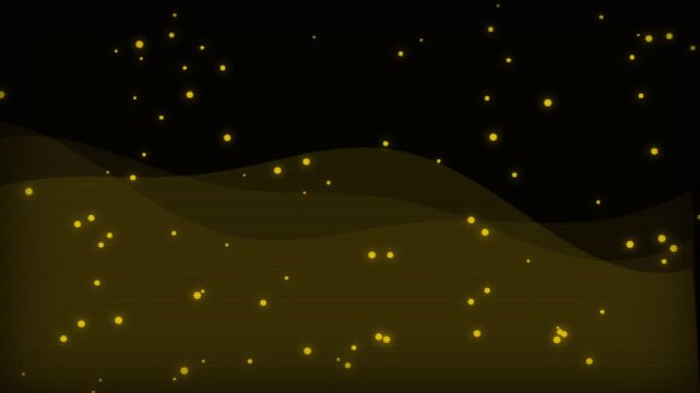 Golden particles moving over abstract dark wave background with scanlines
