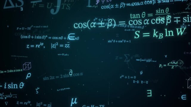 Glowing cyan trigonometry and physics equations fly past in a dark space, math formula science education background
