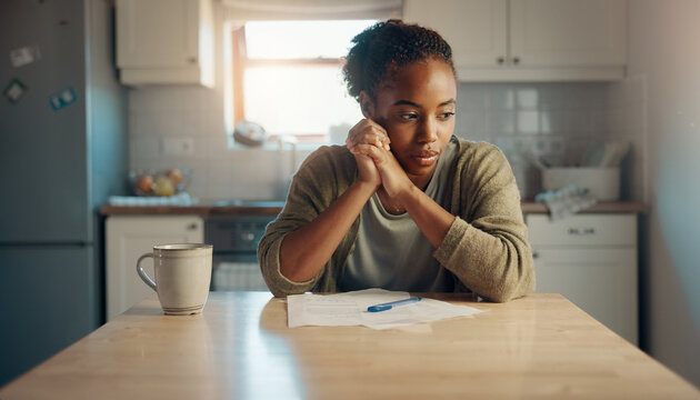 Woman Regretting a Bad Decision. Young Black woman sitting at a kitchen table with her hands clasped near her face