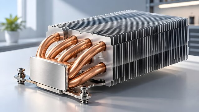 Computer processor cooling system featuring copper heat pipes and aluminum fins for thermal management