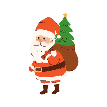 Santa claus carrying sack with pine tree and presents