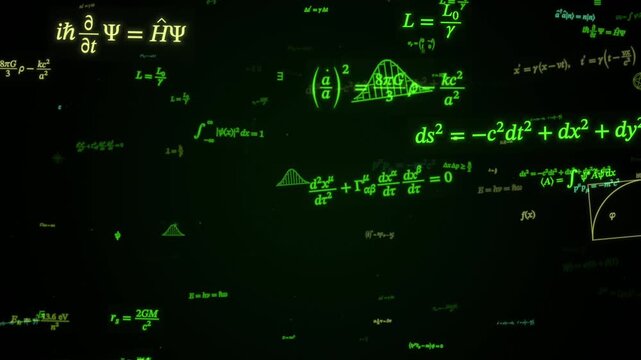 Neon green physics equations of relativity and quantum mechanics fly across a black background, science formula abstract