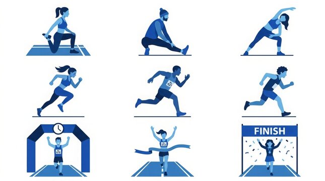 Diverse Marathon Runner Vector Collection: Athletic Characters, Action Poses, and Icons in Blue Flat Design