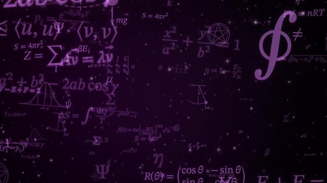 Purple math equations and geometry diagrams drift sideways across a starry dark background, science and education abstract