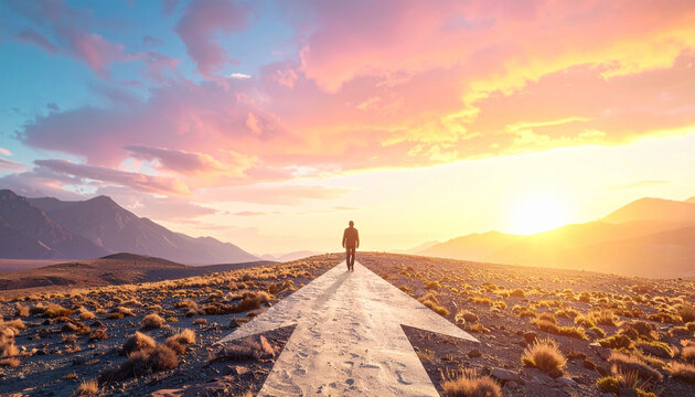 A person walks along a path shaped like an arrow, symbolizing future success and personal growth. The sunset landscape evokes inspiration, ambition, and determination for a new professional journey.