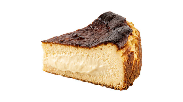 Creamy Basque Burnt Cheesecake Slice Isolated on Pure White Background