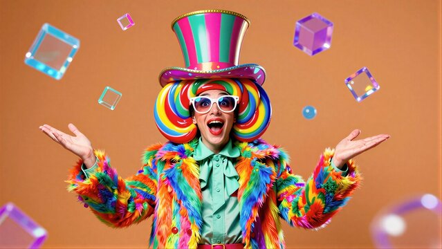 Colorful clown with candy-themed hat and coat, joyfully tossing rainbow cubes in mid-air.