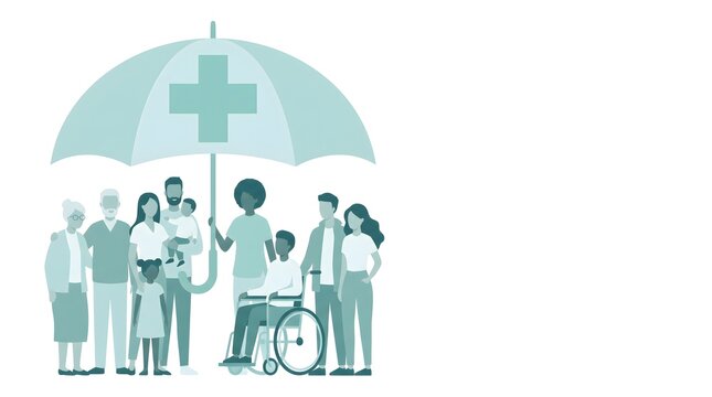 Diverse family members and individuals stand protected under a large green umbrella with a medical cross, representing health insurance coverage.