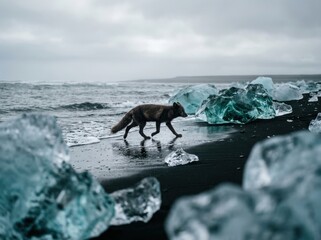 Fototapeta premium Arctic fox crossing black sand beach among ice fragments