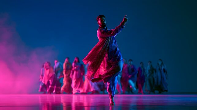 Male dancer performing a traditional indian dance move on stage with a group in the background