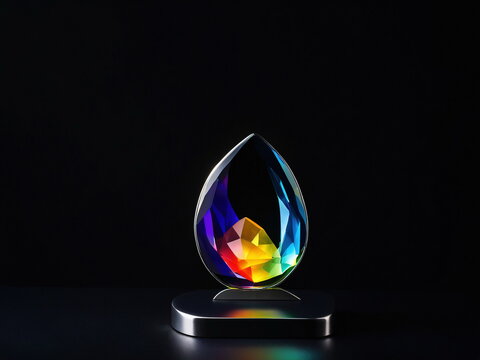 Small abstract beautiful glass and gemstone sculpture on a metal stand and dark background - luxury beauty graphical template background