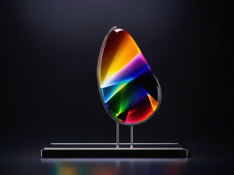 Modern Abstract Sculpture Featuring a Vibrant Rainbow Spectrum of Colors Encased in a Sleek Metallic Frame on a Dark Base