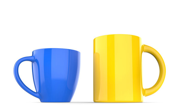 Blue and yellow big coffee mugs - isolated on white background