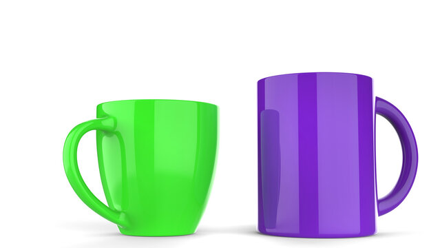Green and purple coffee mugs - isolated on white background