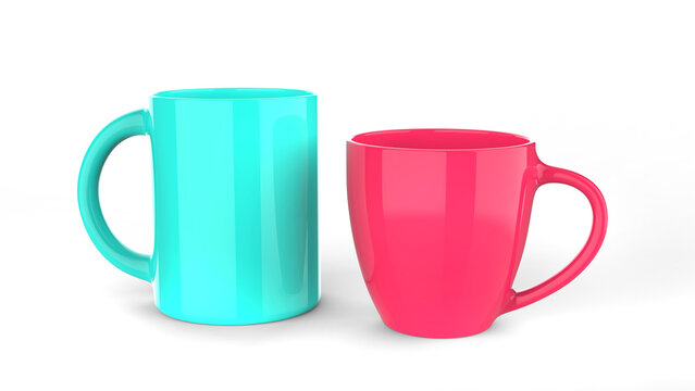 Baby blue and baby pink coffee mugs - isolated on white background