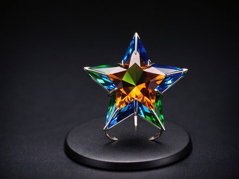 Close-up of a brilliant five-point star ornament crafted from multifaceted crystal, showcasing rich blue, green, and gold colors.