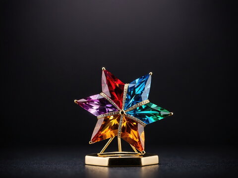 Sparkling Five-Color Crystal Star Ornament with Gold Accents and Rhinestones, Artfully Displayed on a Dark Surface