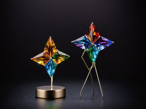 Two Sparkling Crystalline Star Sculptures Displaying Vibrant, Colorful Facets on Elegant Brass and Wire Stands Against a Dark Background.