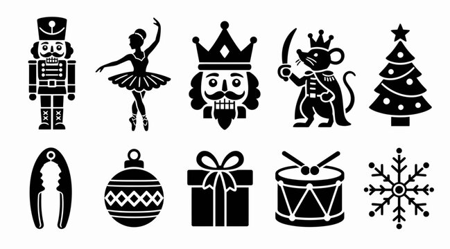 Christmas holiday and Nutcracker ballet icon set.