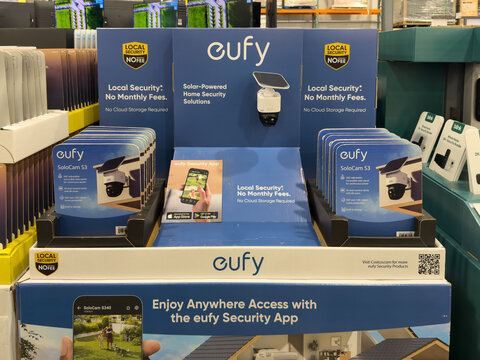 Prosper, Texas, USA - September 16th, 2026: Eufy SoloCam S3 security camera boxes standing on display shelf inside Costco warehouse club