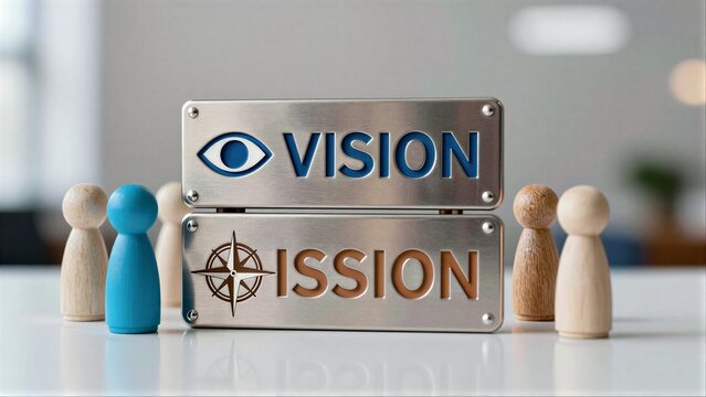 Vision and mission plates surrounded by wooden figurines on a reflective surface.