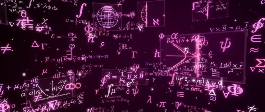 Pink holographic physics equations, diagrams and graphs float in a magenta 3D space, electromagnetism and quantum science,