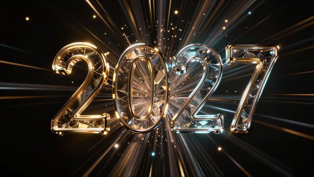 Shiny 2027 numbers burst with light against a dark, sparkling background.