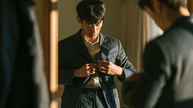 Fashion - Asian man wearing a suit in front of a mirror