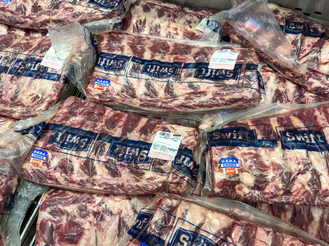 Prosper, Texas, USA - September 16th, 2026: Swift USDA Choice beef back ribs vacuum sealed in plastic packs on store shelf inside Costco