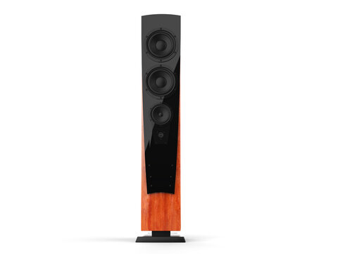High tower speaker with shiny black panel and wood casing