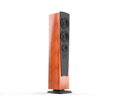 High tower speaker with shiny black panel and wood casing - beauty shot